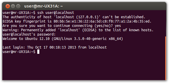 Linux Terminal, connecting to the local SSH server